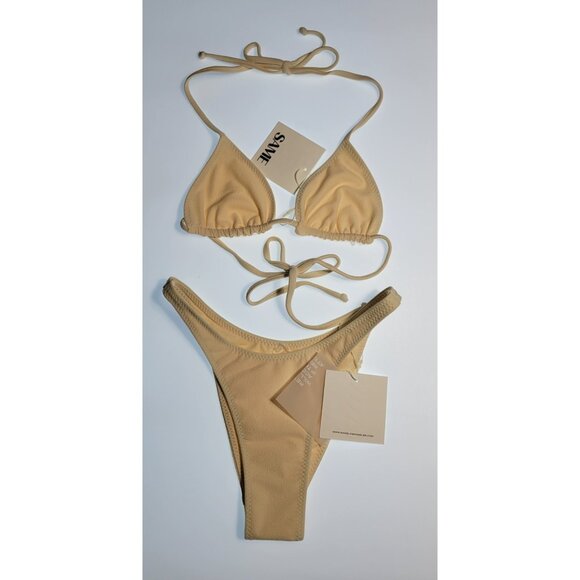SAME Los Angeles Swim Bikini Set 2Pc Triangke Top High Weist Bottom Beige SZ XS - Picture 1 of 7